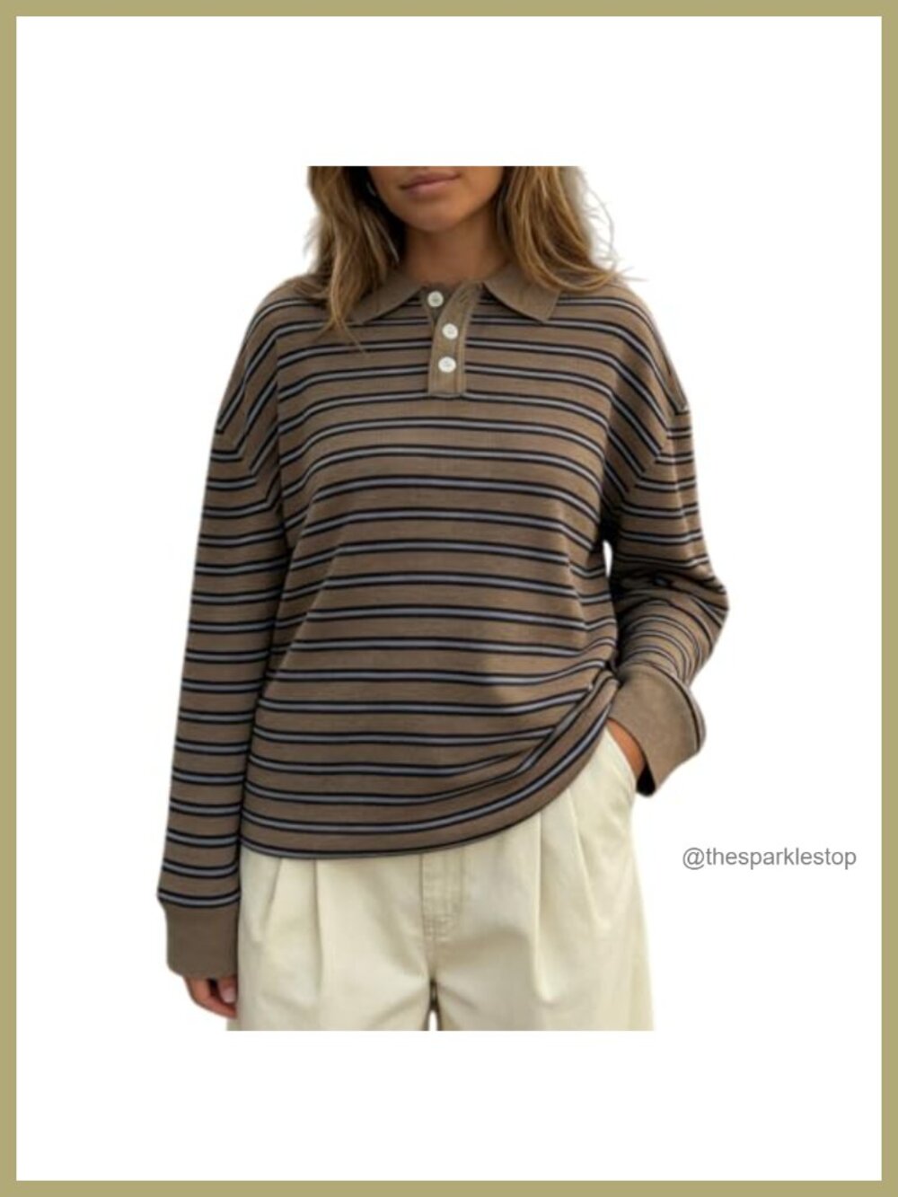 Oversized Striped Polo Sweater Women Collared Long Sleeve Preppy Pullover